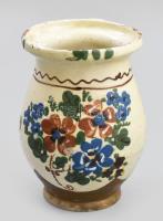 cca 1900-1920 Antik mázas lekváros köcsög, virág motívummal, jelzés nélkül, kopással, m: 17,5 cm
