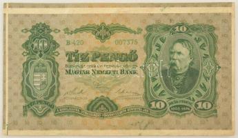 1929. 10P "B 420 007375" kézzel vágott, jobb alsó sarok(?) ívdarab, három másik látható bankjegyrészlettel, nyomdai festékfoltokkal T:F / Hungary 1929. 10 Pengő "B 420 007375" handcut lower-right corner sheet with three partially visible banknote and printig ink spots C:F Adamo P8