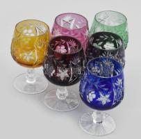 Színes kristály konyakos pohár garnitúra, jelzés nélkül, szép állapotban, kis kopással, m: 11,5 cm