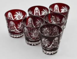 Csiszolt bordó kristály whiskey pohár garnitúra, jelzés nélkül, kis kopással, m: 9,5 cm