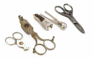 5 darab különleges gyűjtői szivarvágó, közte csont díszítéses, gyöngyház berakásos, ezüstözött, antik, jelzett, h: 6-12 cm