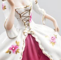 Royal Dux legyezős hölgy, ritka lilás színű szoknyával, kézzel festett, jelzett, hibátlan, m: 21 cm