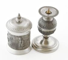 Gazdagon díszített német ón gyertyatartó és dohánytartó, jelzéssel, hibátlan, m: 14-16 cm