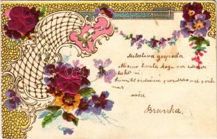 1902 Szecessziós dombornyomott selyem üdvözlőlap / Art Nouveau, embossed silk greeting card, litho (EK)