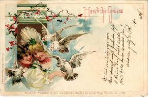 1899 (Vorläufer) Hezliche Grüsse. Künstler-Postkarte der Deutschen Moden-Zeitung, Wezel &amp; Naumann / Szecessziós litho üdvözlőlap / Art Nouveau, litho greeting