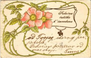 1906 Srdacna cestitka k' imendanu / Szecessziós dombornyomott születésnapi üdvözlet / Birthday, Art Nouveau, embossed greeting (fa)