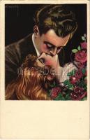 Olasz művészlap, csókolózó szerelmespár / Italian art postcard, kissing couple. Proprieta Artistica ...