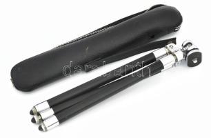 Rumi fényképezőgép állvány, jelzéssel, tokjában, kopással, mozgatókar hiányzik