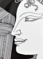 Hollóházi Szász Endre által tervezett dekorral díszített porcelán tányér. Matricás, jelzett, 21 kará...