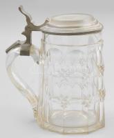 cca 1900 Antik monogramos üvegkorsó, ón szerelékkel, kopással, kis hajlással, m: 17,5 cm