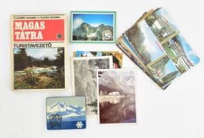 Magas-Tátra tétel: Magas-Tátra turistavezető könyv, Vysoké Tatry fém cigarettás doboz, leporelló, modern képeslapok