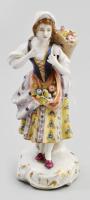 Antik német virágárus lány figura, jelzéssel, sérüléssel, m: 14,5 cm