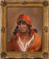 Olvashatatlan jelzéssel, feltehetően 1920-40 körül működött festő: Fejkendős hölgy portréja. Olaj, karton. Dekoratív, kissé sérült fakeretben, 50×40 cm