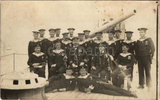 1916 K.u.K. Kriegsmarine SMS Chamäleon Minenleger, Matrosen / Osztrák-magyar matrózok és kapitányok az SMS Chamäleon aknarakó fedélzetén / WWI Austro-Hungarian Navy minelayer, mariners and admirals on board. photo (EK) + "K.U.K. MARINEFELDPOSTAMT"