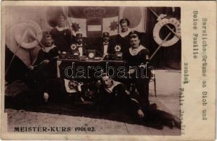 1903 Meister-Kurs 1901/02. K.u.K. Kriegsmarine SMS Salamander Minenleger / SMS Salamander osztrák-magyar aknarakó rádiós és távíró mester kurzusa, matrózok csoportképe / Austro-Hungarian Navy minelayer's radio and telegraphy master course, mariners. photo (EK)