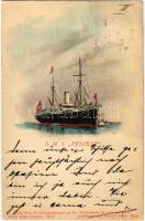 1899 (Vorläufer) SMS PELIKAN az Osztrák-Magyar Haditengerészet parancsnoki yachtja és torpedó-raktárhajója / SM Schiff "Pelikan" Torpedodepotschiff und Admiralsyacht. K.u.K. Kriegsmarine - Ein Theil des Reinerträgnisses ist der Marinerkirche in Pola gewidmet, Alois Ebeseder / Austro-Hungarian Navy, SMS Pelikan admiral's yacht and torpedo depot ship (fa)