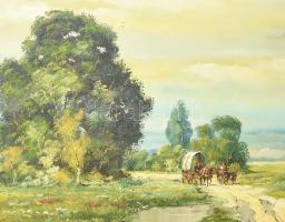 Endrey-Nagy Attila (1967-): Táj lovasszekerekkel. Olaj, vászon, jelzett. Dekoratív fakeretben, 70x15...