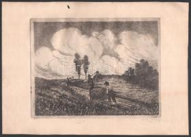 Olvashatatlan (... József) jelzéssel: Hazafelé a kaszálóról, 1942. Rézkarc, papír, jelzett. Kissé hullámos, a lap szélén kis lyukkal, 18x23 cm