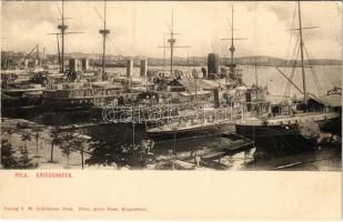 1905 SMS PELIKAN az Osztrák-Magyar Haditengerészet raktárhajója a kikötőben / K.u.K. Kriegsmarine / Austro-Hungarian Navy, mariners of SMS Pelikan admiral&#039;s yacht and torpedo depot ship at the port. F.W. Schrinner, Phot. Alois Beer (ragasztónyom / gluemark)