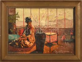 Olvashatatlan jelzéssel: Hölgy enteriőrben. Olaj, karton. 40x55 cm. Dekoratív, kissé sérült fakeretben.