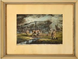 Olvashatatlan jelzéssel: Itatás. Kézzel színezett rézkarc, vászon. 27x38 cm. Üvegezett fakeretben.