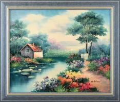 Olvashatatlan jelzéssel: Virágzó tópart. Olaj, vászon. 50x60 cm. Dekoratív fakeretben.