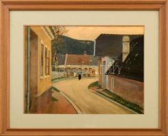 Angerer jelzéssel: Utca sétálóval, 1949. Akavrell, papír. 27x37 cm. Üvegezett fakeretben.