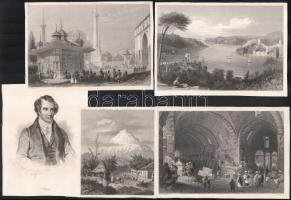 5 db XIX. századi acélmetszet, részben jelzettek a metszeten, körbevágva, 13x11,5 cm és 20x13,5 cm között