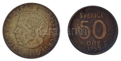 Svédország 1955. 50ö Ag + 1956. 1Kr Ag "VI. Gusztáv Adolf" T:XF,VF patina
Sweden 1955. 50...