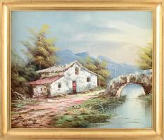 Olvashatatlan (Martos?) jelzéssel: Ház a vízparton. Olaj, vászon, 46x54 cm. Dekoratív fakeretben.