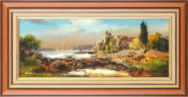 Adilov Alim (1963-): Öböl. Olaj, farost. Jelzett. 20x50 cm. Dekoratív fakeretben.