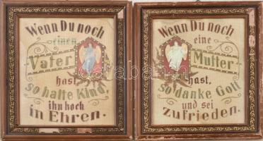 Anyát és apát tiszteletben tartására felhívó, német nyelvű hímzett faliképek, angyalka és nővény applikációval. XIX. sz. vége/XX. sz . eleje. Korabeli antik, sérült üvegezett fakeretben. 40x30 cm