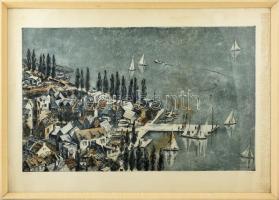 Görög Rezső (1930- ?): Balaton. Színes rézkarc, papír, jelzett, foltos, 46×73 cm, üvegezett fakeretben.