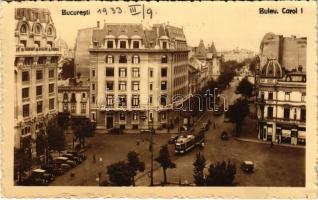 1933 Bucharest, Bukarest, Bucuresti, Bucuresci; Bulevardul Carol I., Farmacie droguerie / street view, automobiles, trams, restaurant, pharmacy, shops