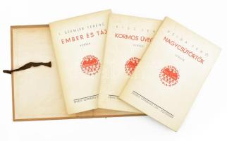 Az Erdélyi Szépmíves Céh 10 éves jubileumi díszkiadása, 3 verseskötet: Dsida Jenő: Nagycsütörtök; Kiss Jenő: Kormos üvegen; I. Szemlér Ferenc: Ember és táj. Kolozsvár, [1934], Erdélyi Szépmíves Céh, 86 p.; 90 p.; 94 p. Kiadói papírkötés, kiadói egészvászon tékában.