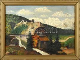 Boér István (?-?), XX. sz. első fele: Vízimalom. Olaj, vászon, jelzett, sérült. Dekoratív fakeretben. 30x40 cm