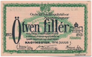 Nagymegyer / Hadifogolytábor 1916. július 1. 50f arab sorozat- és sorszámmal, "MS" betűjelzéssel T:AU kis sarokhajlás /  Hungary / Nagymegyer / POW camp 07.01.1916. 50 Heller with arabic serial numbers and "MS" C:AU small corner fold Adamo HHN-1.3.1