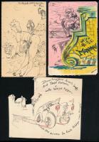 Carlos de Hidalgos jelzéssel: 3 db pornográf karikatúra / grafika, 1951. Vegyes technika, papír, 15x10 cm körüli méretben. Rajzzal illusztrált borítékban.