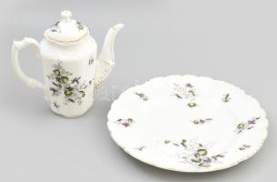 Antik lilavirágos tál és kiöntő, jelzéssel, a tálon hajszálrepedéssel, d: 25 cm, m: 18 cm