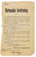 1884 Bp., Óbudai m. kir. jószágigazgatóság bérbeadási hirdetménye, a zólyomi szolgabírói hivatalnak levélként elküldve. Hajtva, a lap széle sérült, 38x25 cm