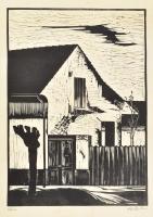 Póka György (1944-): Ház. Linómetszet, papír. Jelzett. Foltos. Lapszéli apró sérüléssel. 35x25 cm