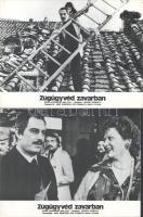 cca 1978 ,,Zugügyvéd zavarban" című olasz film jelenetei és szereplői, 9 db produkciós filmfotó nyomdatechnikával sokszorosítva kartonpapírra, egyoldalas nyomással, a használatból eredő (esetleges) kisebb hibákkal, 18x24 cm