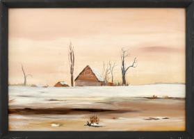 Adamcsák Klára (?-): Vályogvilág. Olaj, farost, jelzett, fakeretben, 33,5x48 cm