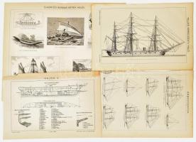 cca 1900 Hajók, 8 db melléklet a Pallas ill. a Révai Nagy Lexikonából, vegyes állapotban, 24x15 cm és 24x30 cm körül
