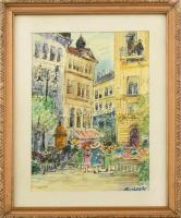 Berkes A jelzéssel: Városi forgatag. Tus, akvarell, papír. Üvegezett, sérült fakeretben, 25,5x17,5 cm