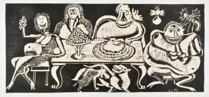 Láta László (1938-): Bolondok vacsorája (cím nélkül). Linómetszet, papír, jelzett a metszeten, lap teteje kartonra kasírozva, javított, 24x52,5 cm