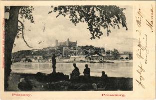 1902 Pozsony, Pressburg, Bratislava; Duna-part, vár. "Bediene dich allein" kiadása / Danube riverside, castle (EK)