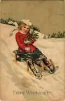 Frohe Weihnachten / Christmas greeting art postcard with sledding girl, winter sport. Meissner & Buch Künstler-Postkarten Serie 1919. "Frohe Fahrt" litho (fl)