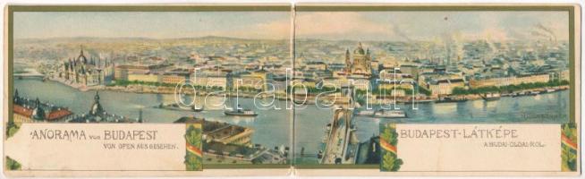 Budapest, látkép a budai oldalról. 2-részes kihajtható szecessziós litho panorámalap / 2-tiled folding panoramacard, Art Nouveau litho s: Rosenberger (hajtásnál szakadt / torn at fold)
