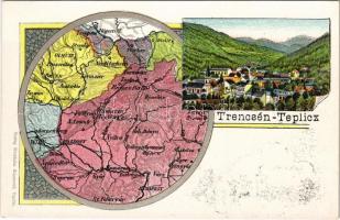 Trencsénteplic, Trencianske Teplice; Gyógyterem, fürdő, térkép. Wertheim Zsigmond kiadása / spa, bath, map. Art Nouveau, litho (fl)